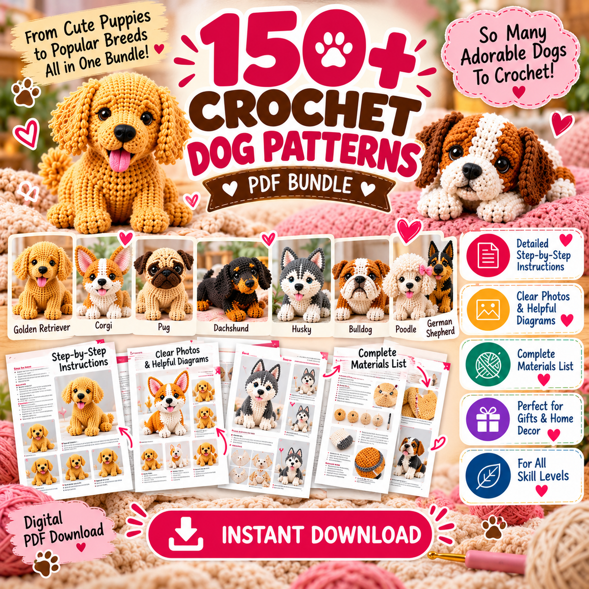 150+ Dog Amigurumi Crochet Patterns – PDF Bundle