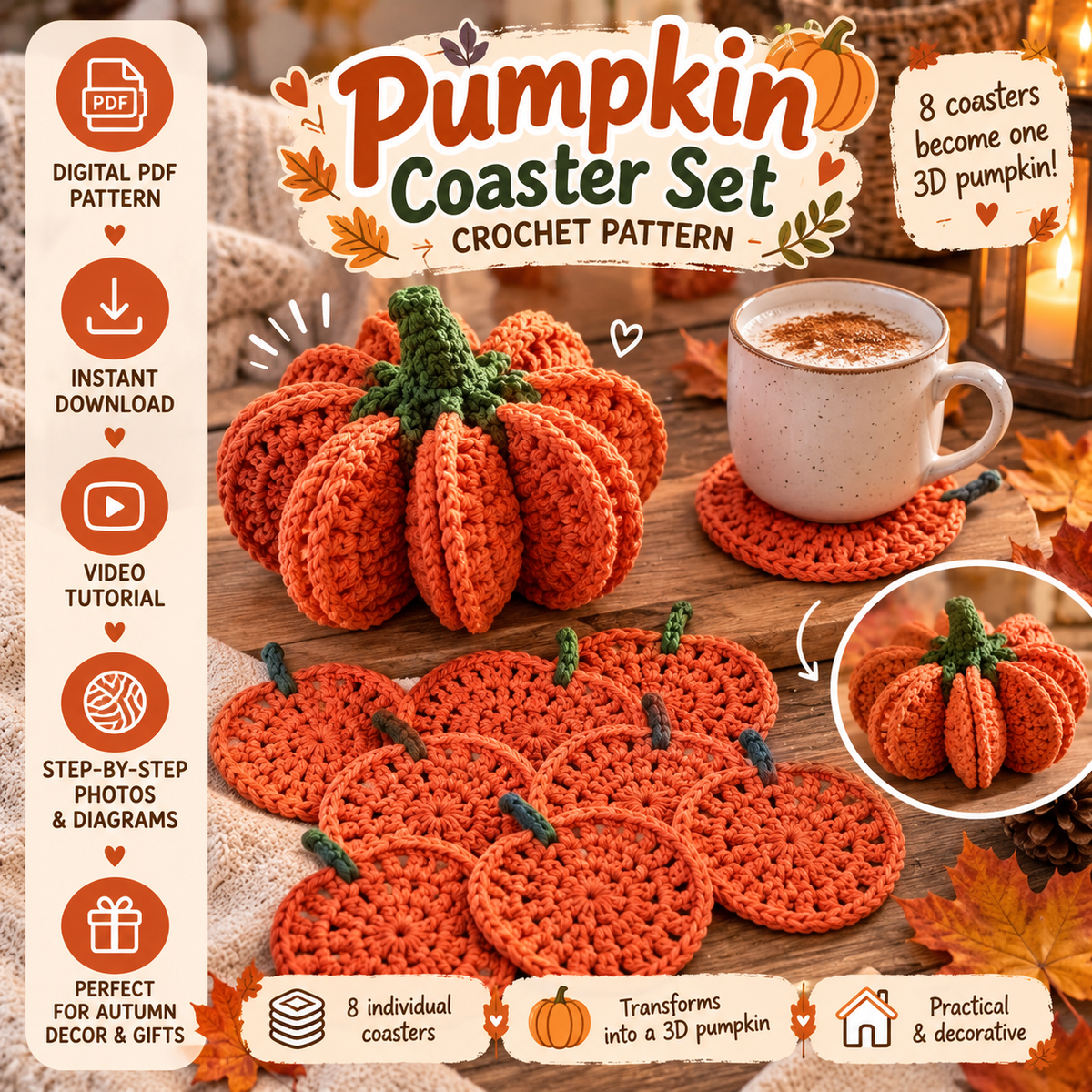 Pumpkin Coaster Set Crochet Pattern PDF – 8-in-1 Transforming Design