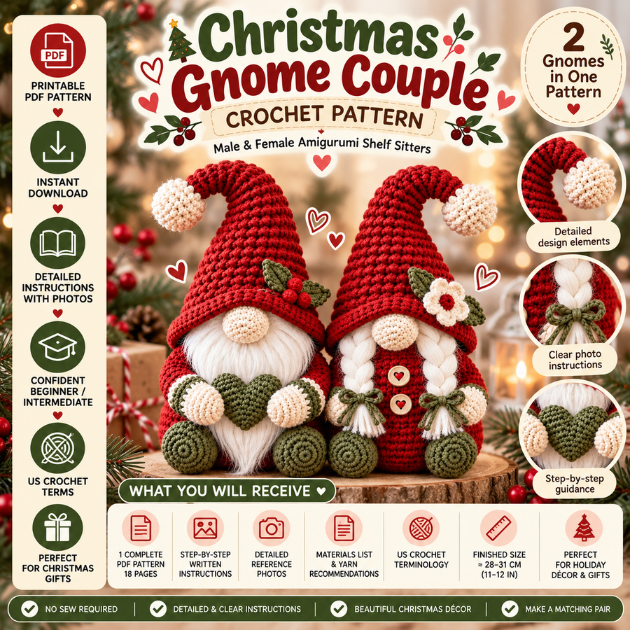 Christmas Gnome Couple Crochet Pattern PDF – Male & Female Shelf Sitters