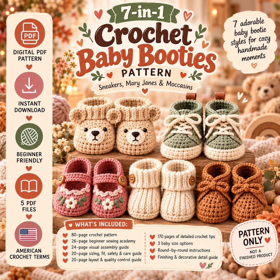 7-in-1 Baby Booties Crochet Pattern PDF – Sneakers, Mary Janes & Moccasins