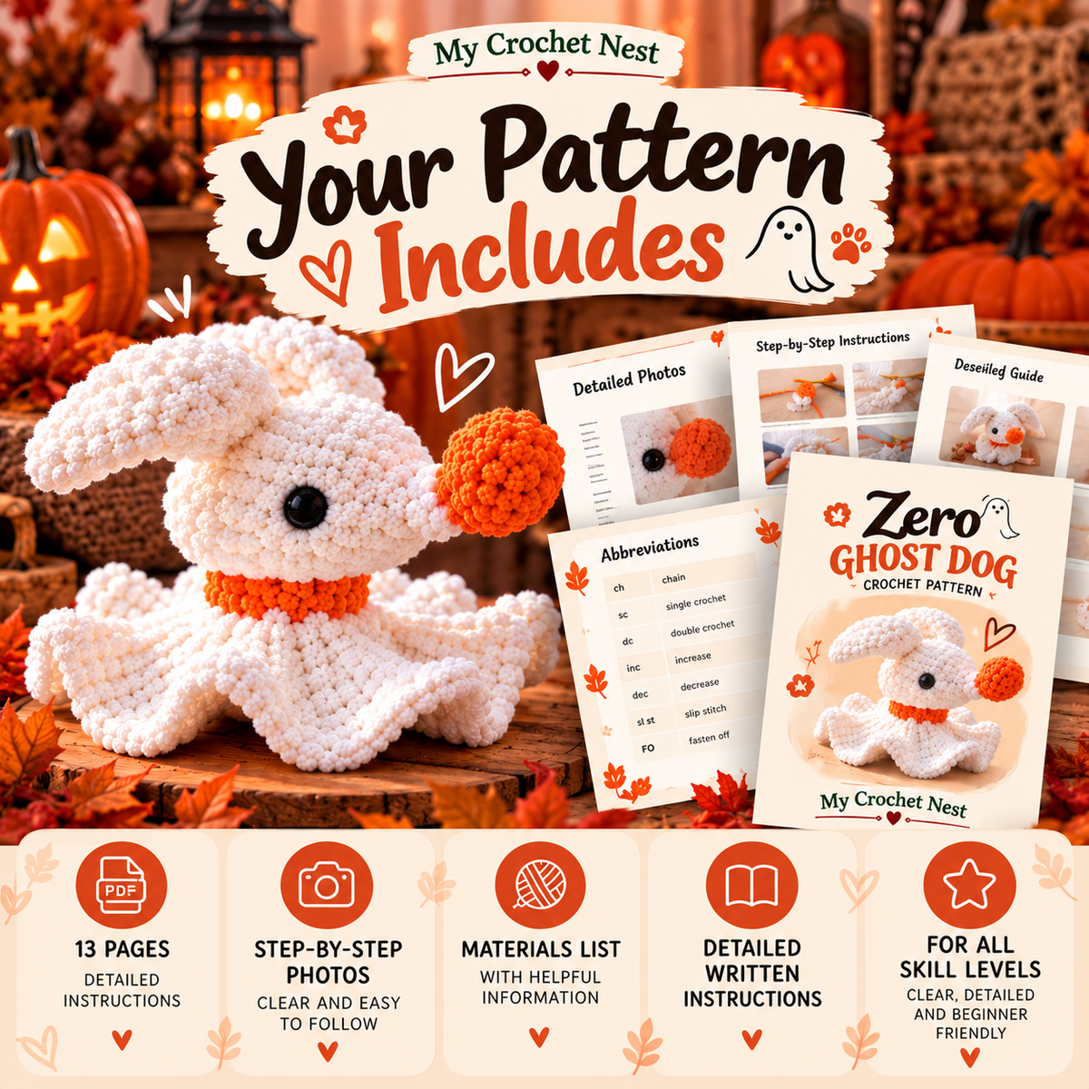 Zero Crochet Pattern PDF – Gothic Ghost Dog Amigurumi