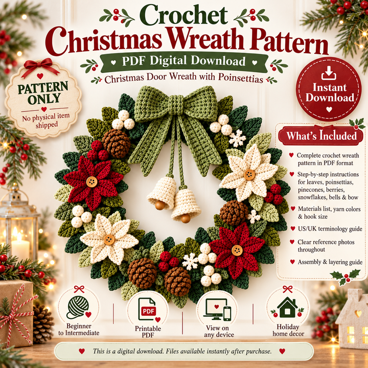 Crochet Christmas Wreath Pattern PDF – Poinsettia Holiday Wreath