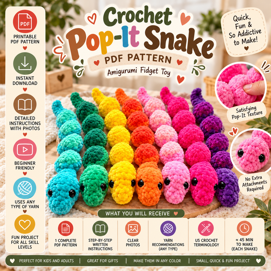 Crochet Pop-It Snake Pattern PDF – Amigurumi Fidget Toy