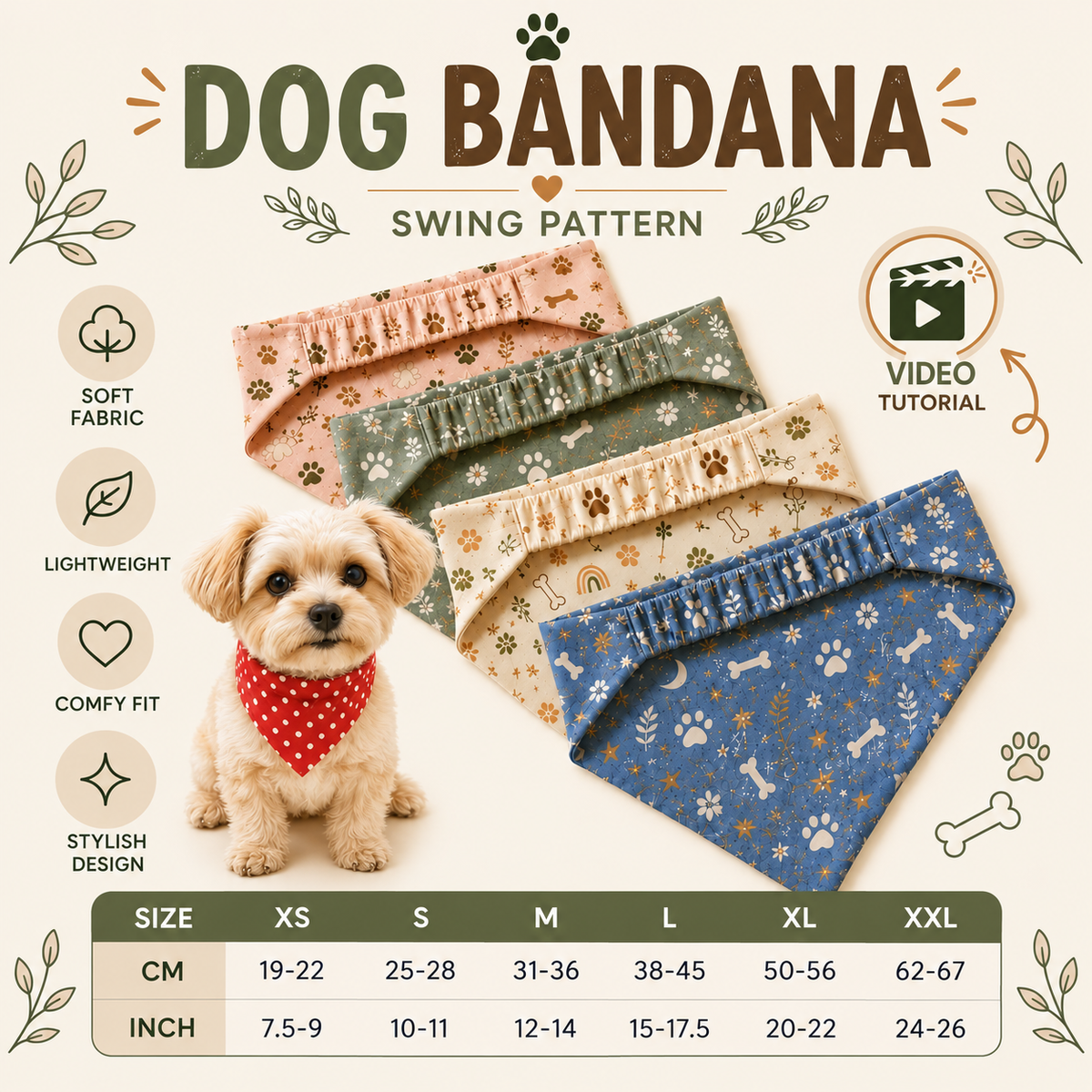 11 Sizes Dog Scrunchie Elastic Bandana Sewing Pattern PDF – XS to XXL