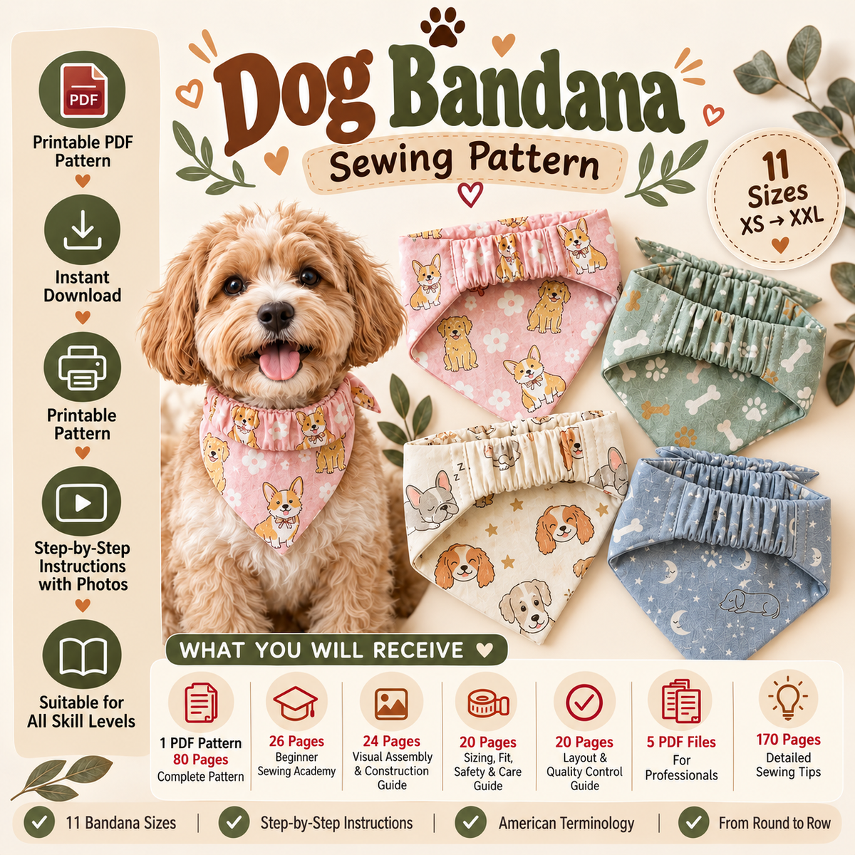 11 Sizes Dog Scrunchie Elastic Bandana Sewing Pattern PDF – XS to XXL