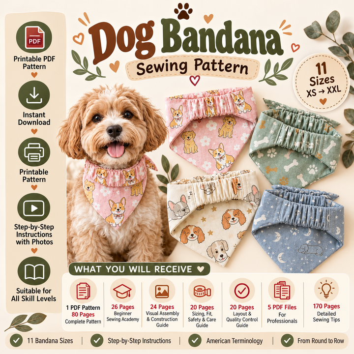 11 Sizes Dog Scrunchie Elastic Bandana Sewing Pattern PDF – XS to XXL