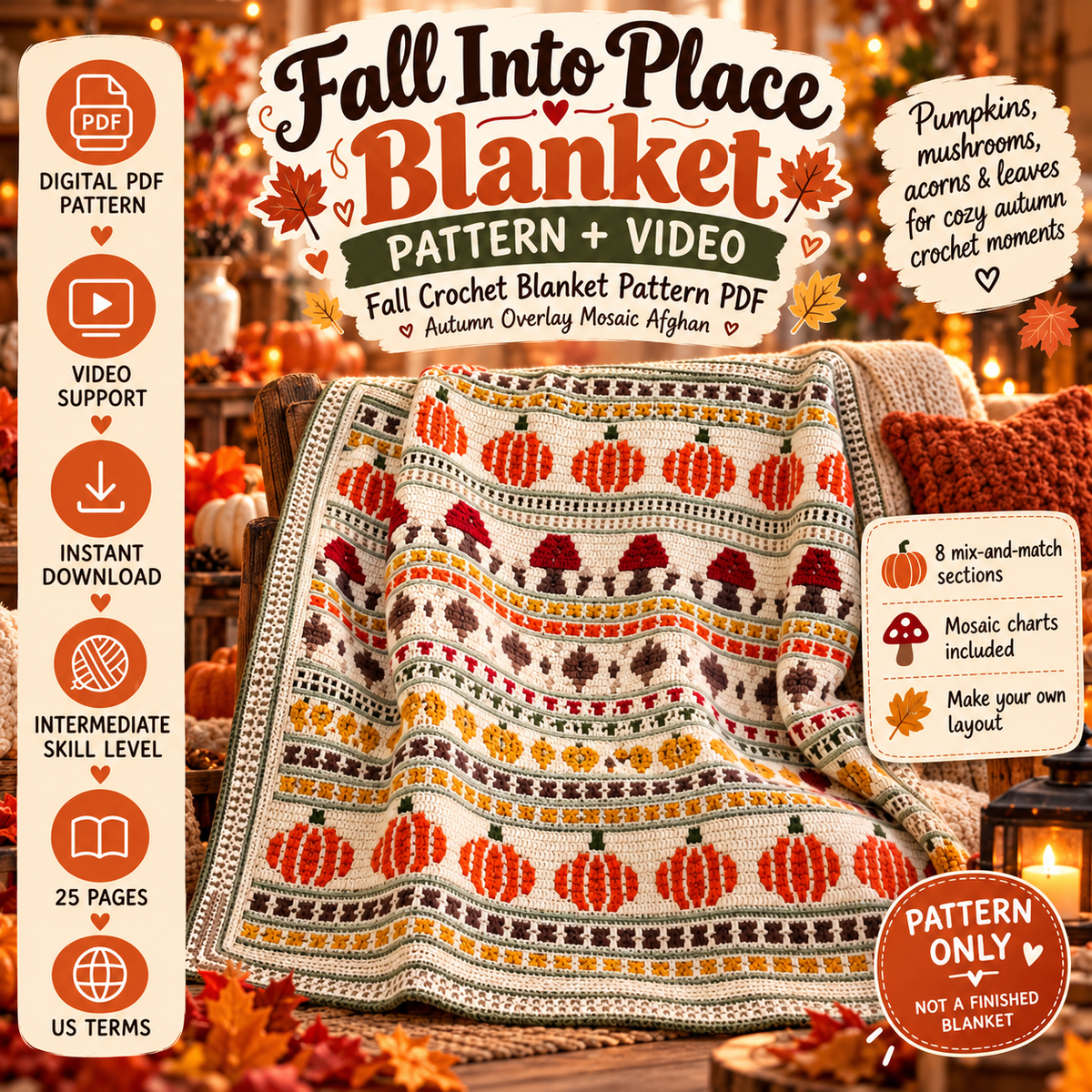 Fall Crochet Blanket Pattern PDF + Video – Autumn Mosaic Afghan