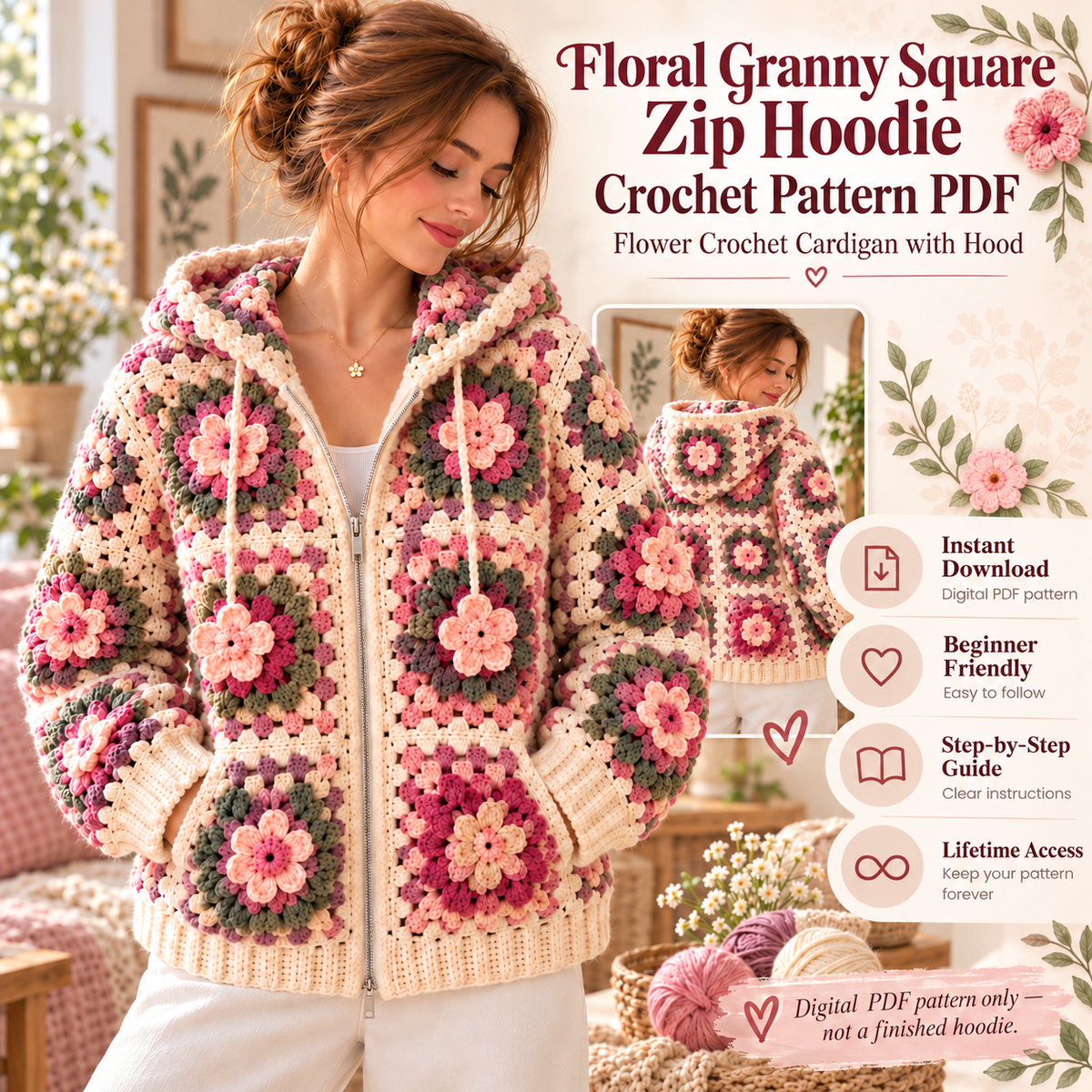 Floral Granny Square Zip Hoodie Crochet Pattern PDF