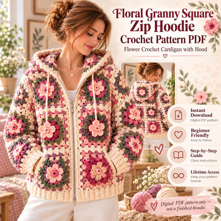 Floral Granny Square Zip Hoodie Crochet Pattern PDF