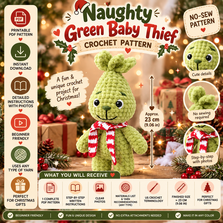 Green Mischievous Baby Crochet Pattern PDF – No-Sew Amigurumi Plush