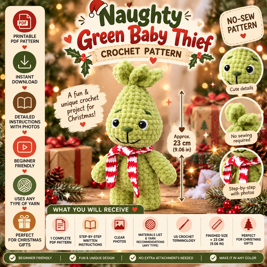 Green Mischievous Baby Crochet Pattern PDF – No-Sew Amigurumi Plush