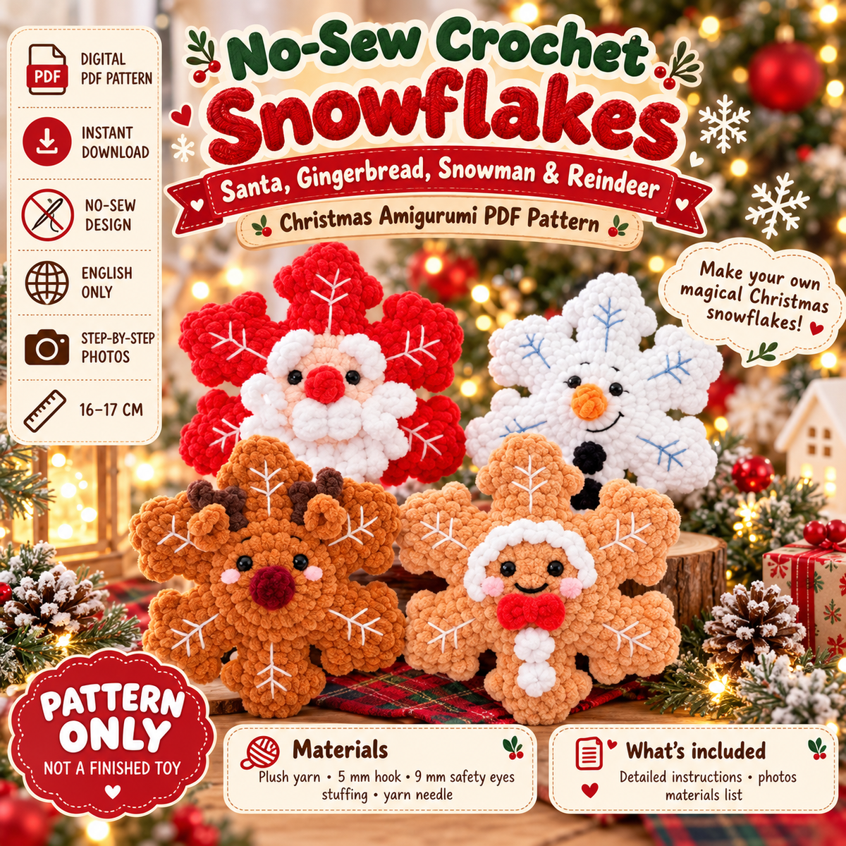 No-Sew Christmas Snowflakes Crochet Pattern PDF