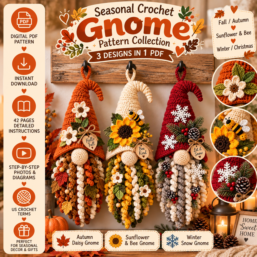 Seasonal Crochet Gnome Wall Hanging Pattern PDF – 3 Designs