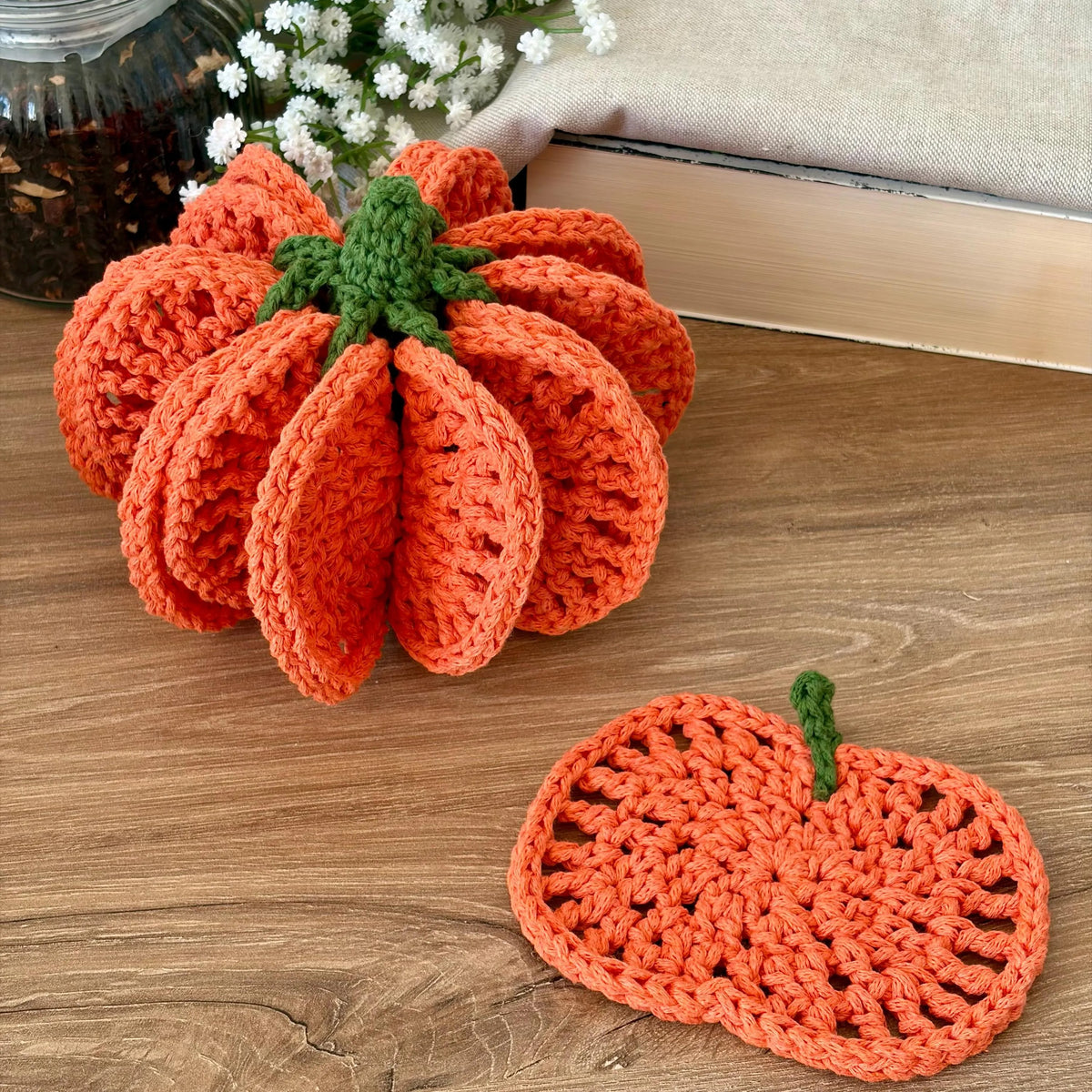Pumpkin Coaster Set Crochet Pattern PDF – 8-in-1 Transforming Design