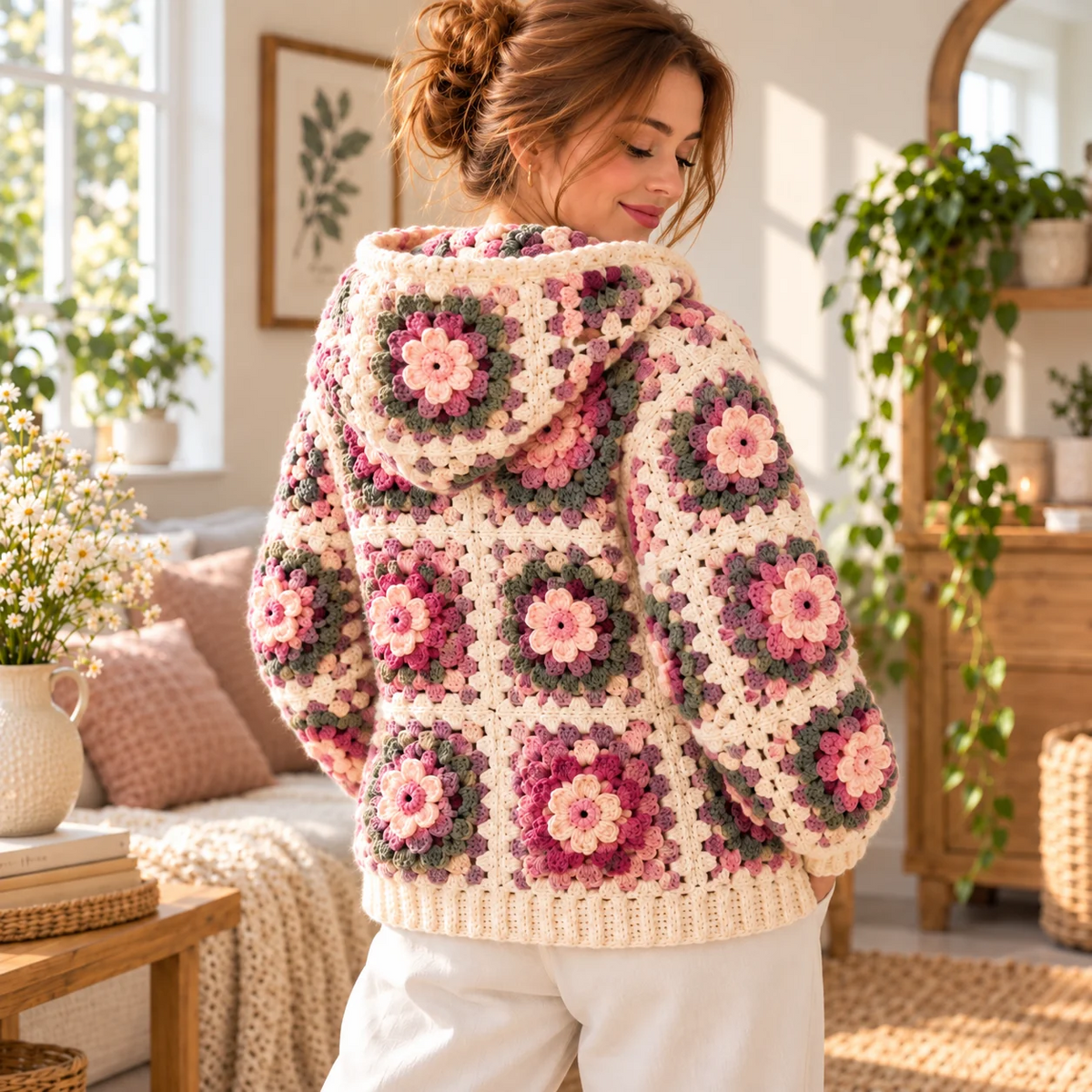 Floral Granny Square Zip Hoodie Crochet Pattern PDF