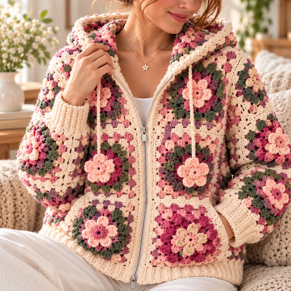 Floral Granny Square Zip Hoodie Crochet Pattern PDF