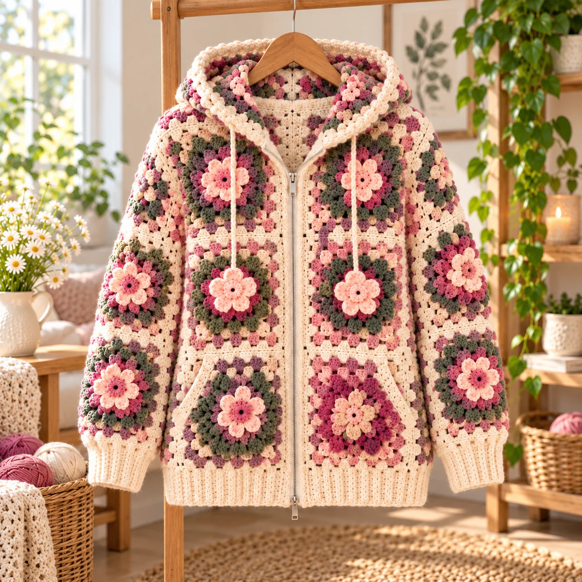 Floral Granny Square Zip Hoodie Crochet Pattern PDF