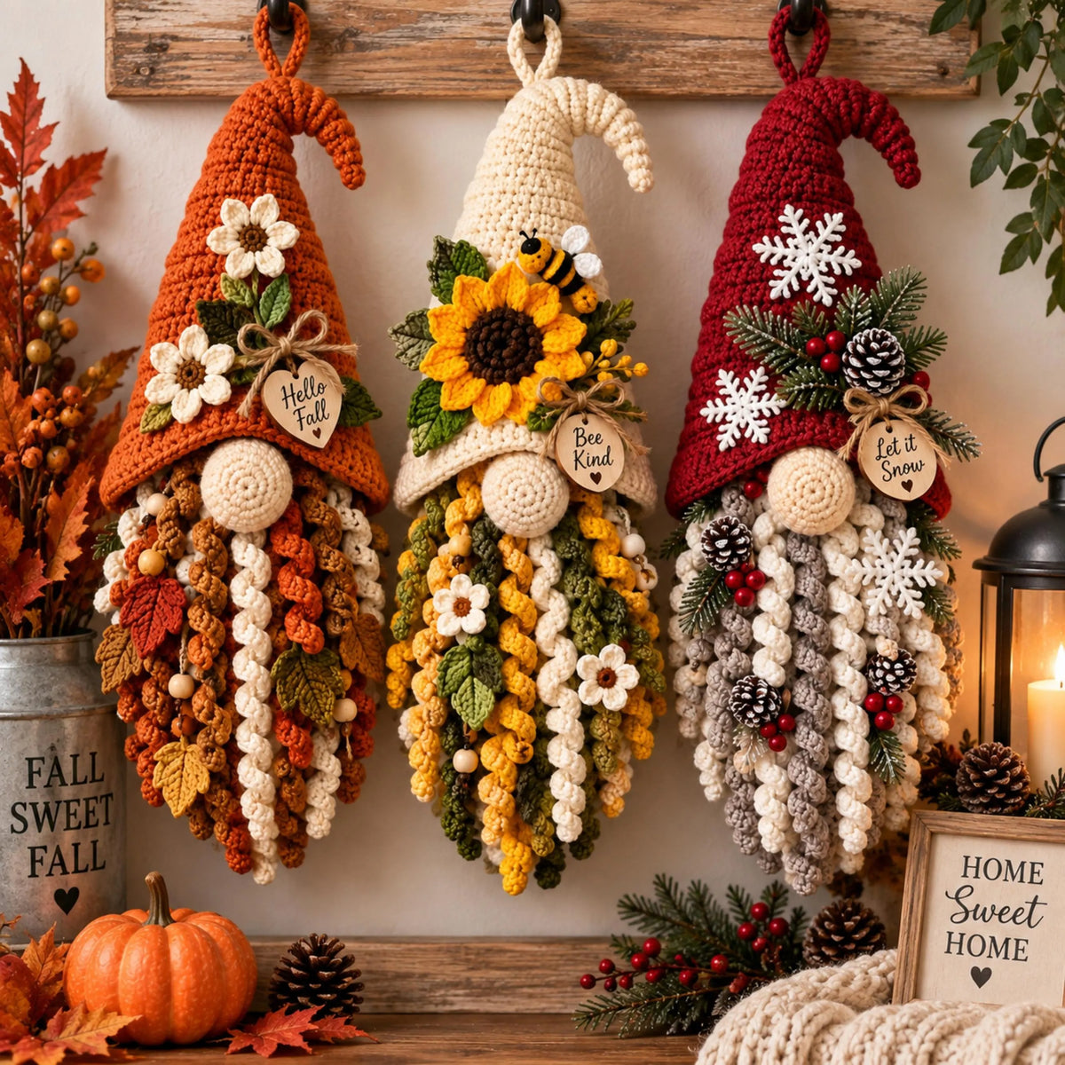 Seasonal Crochet Gnome Wall Hanging Pattern PDF – 3 Designs